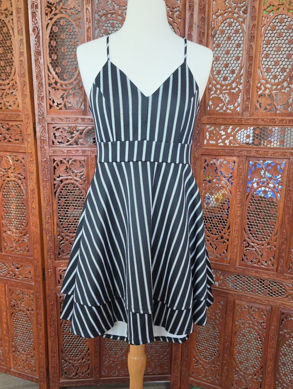 Papaya Black and White Striped Spaghetti-Strap Fit & Flare Dress